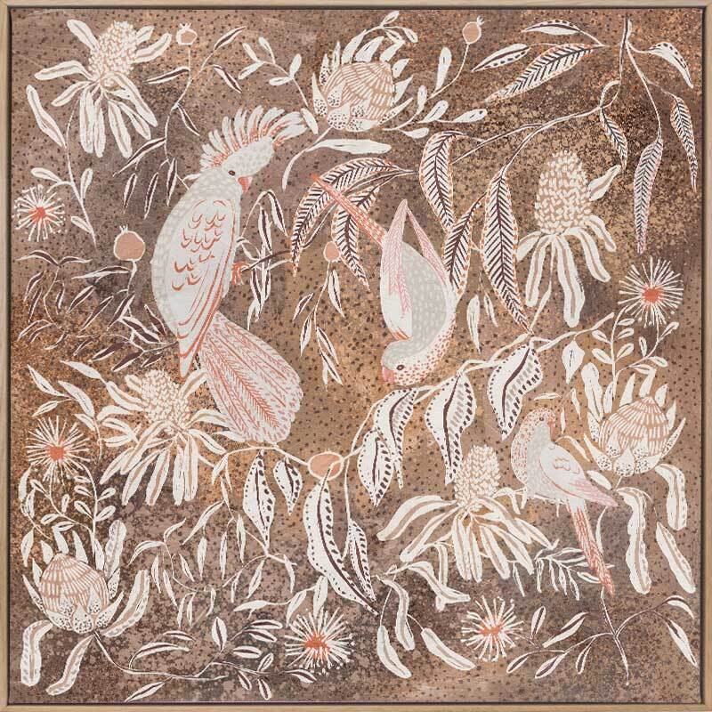 Plumage, Petals & Playfulness - Oak Box Frame Canvas 60cmx60cm