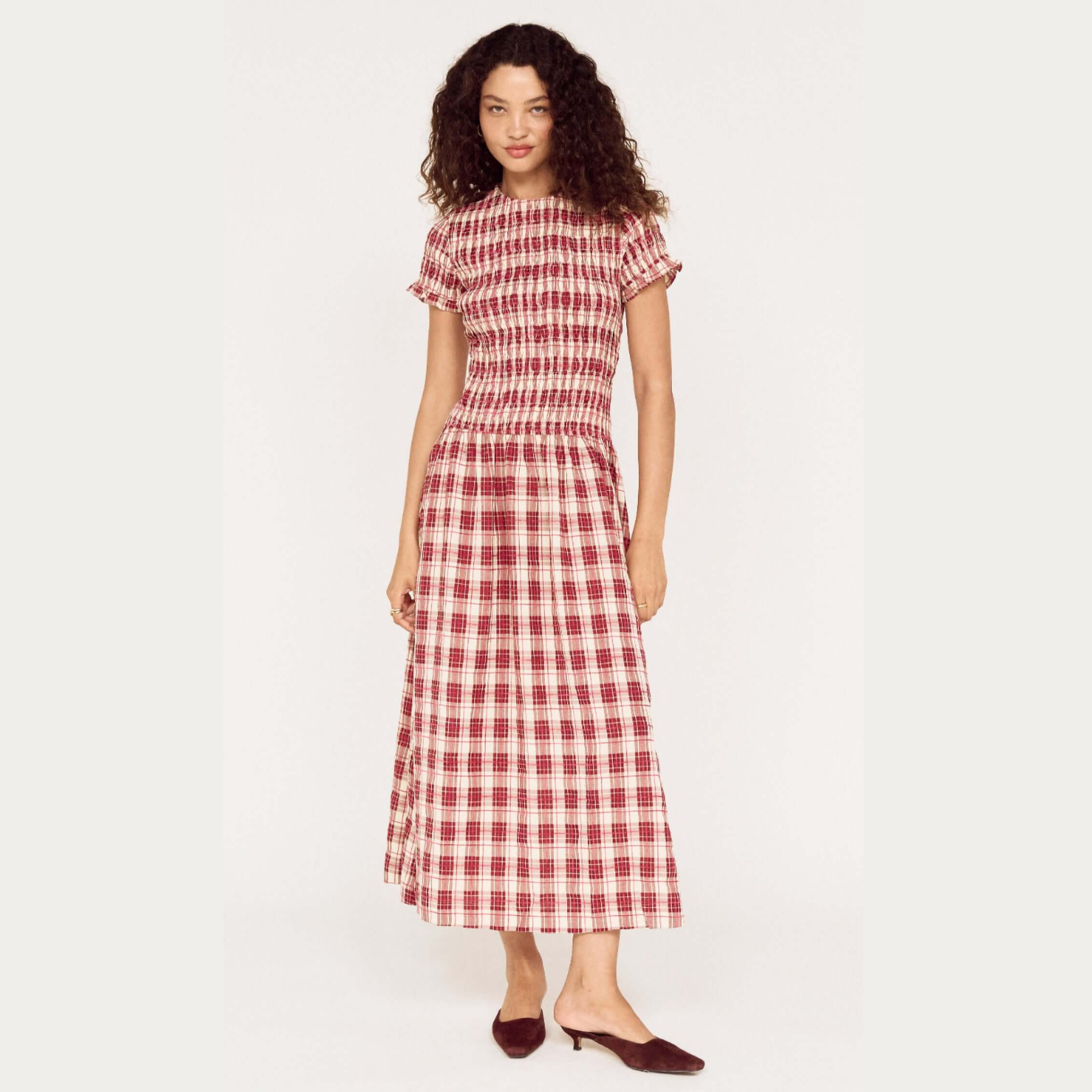 Anouk Shirred Midi Dress - Wine Check