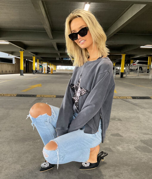 Sequin Star Sweatshirt - Charcoal