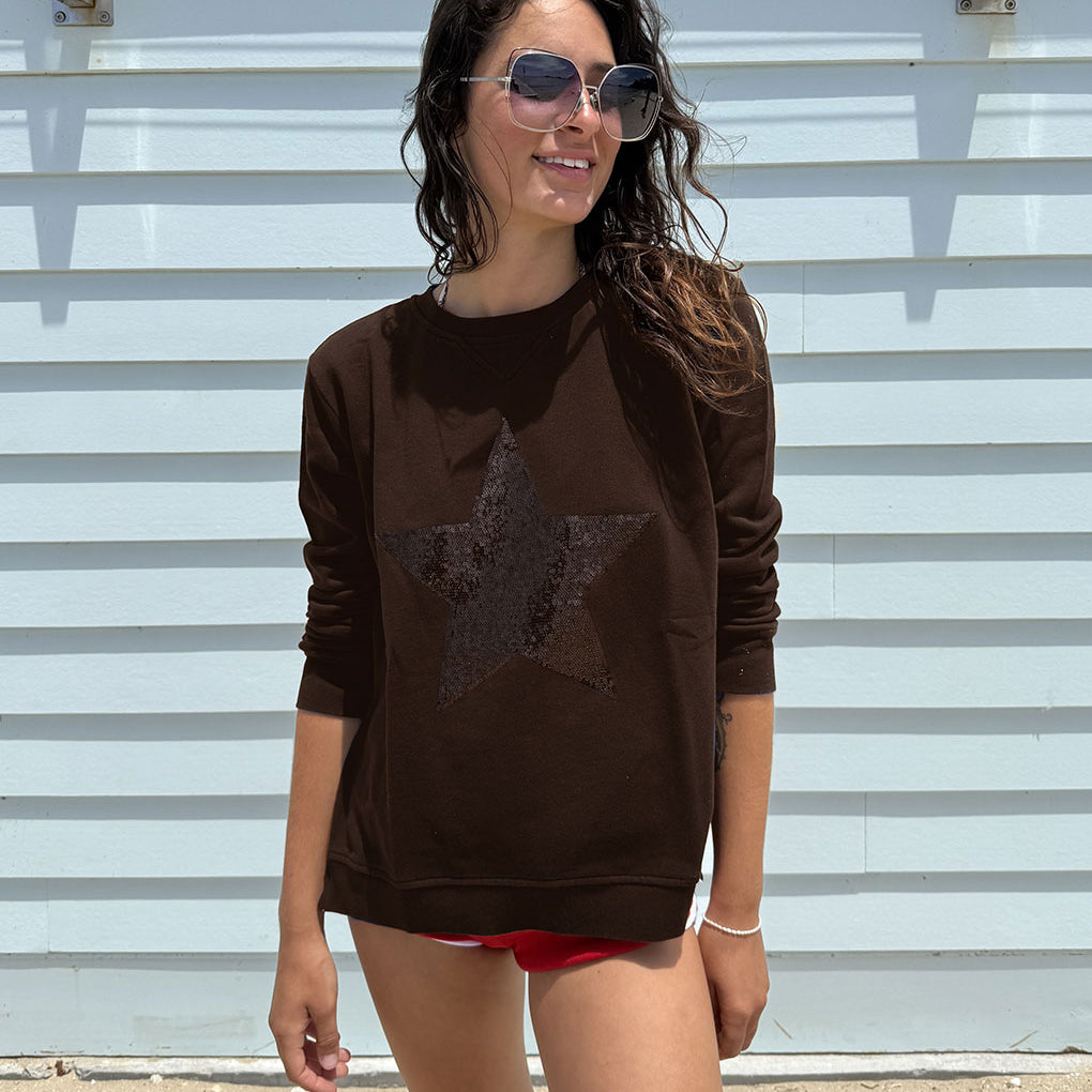 Sequin Star Sweatshirt - Chocolate