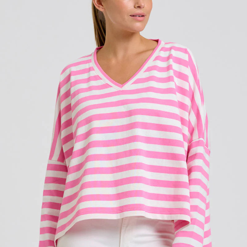 Breton V Neck Top - Pink Stripe