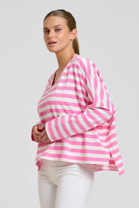 Breton V Neck Top - Pink Stripe