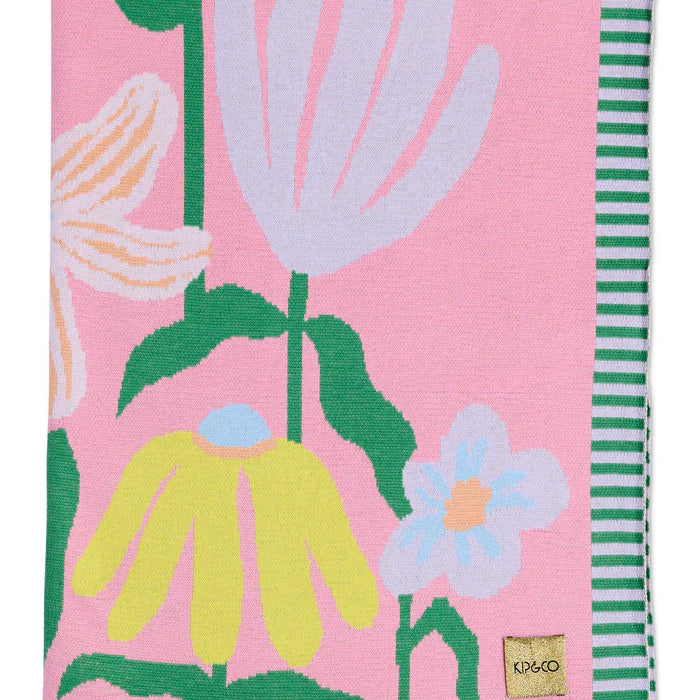 Popping Flowers Green Cotton Knitted Blanket