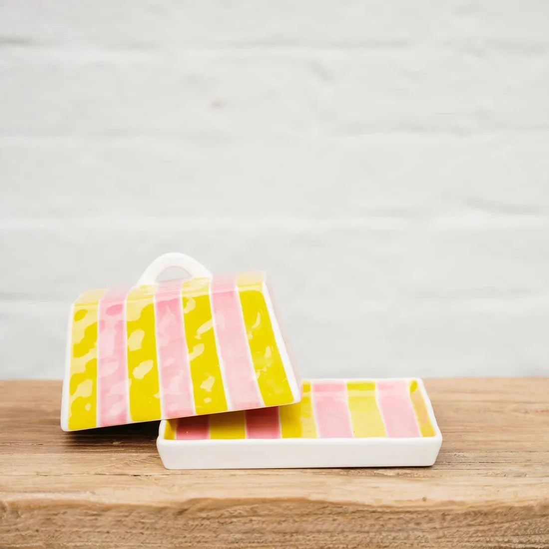 Butter Dish - Large - Pink & Yellow Stripe