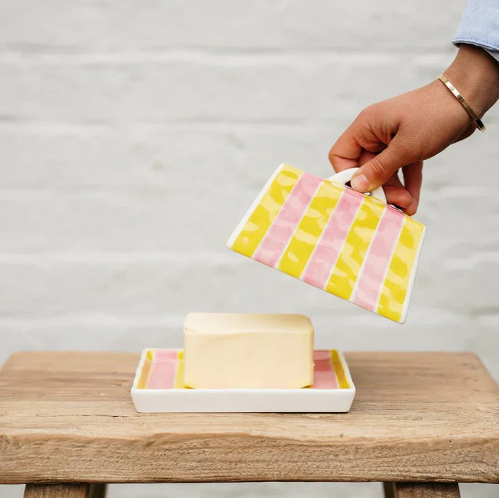 Butter Dish - Large - Pink & Yellow Stripe