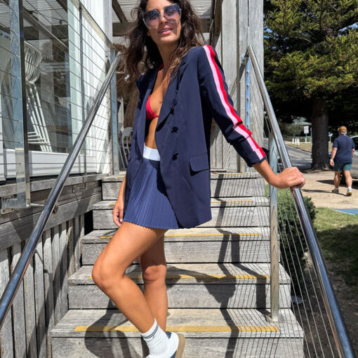Sporty Luxe Blazer - Navy with Red and Pink Arm Stripes