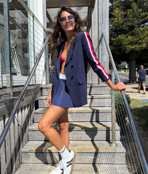 Sporty Luxe Blazer - Navy with Red and Pink Arm Stripes