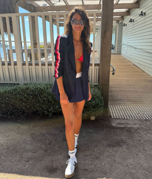 Sporty Luxe Blazer - Navy with Red and Pink Arm Stripes