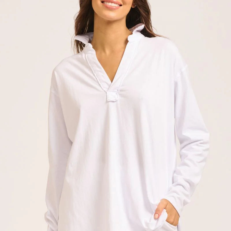 Raw Collar Long Sleeve Top - White