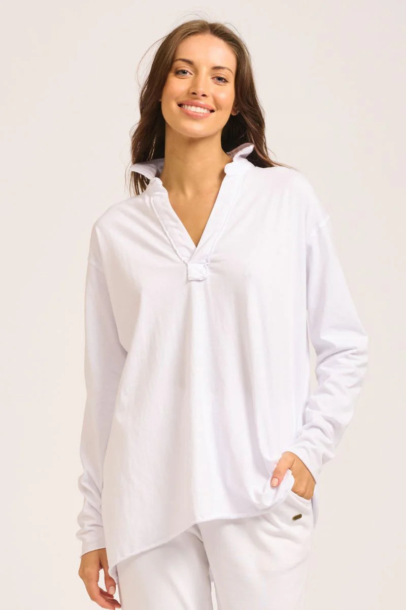 Raw Collar Long Sleeve Top - White