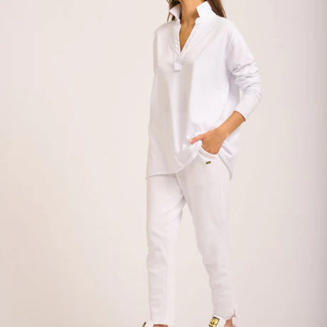 Raw Collar Long Sleeve Top - White
