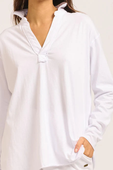 Raw Collar Long Sleeve Top - White
