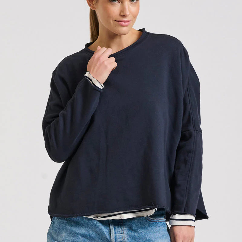 Raw Long Sleeve High-Low Sweatshirt - French Navy