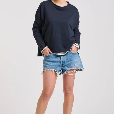 Raw Long Sleeve High-Low Sweatshirt - French Navy