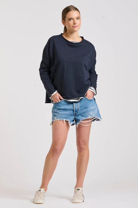 Raw Long Sleeve High-Low Sweatshirt - French Navy